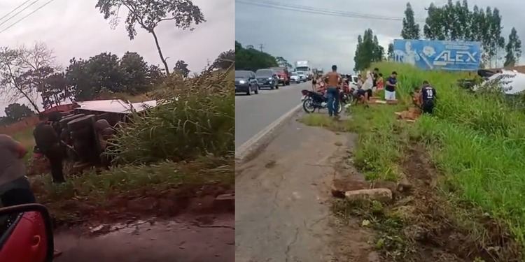 CAMINHÃO COM CARGA DE CAFÉ TOMBA NA BR-010 E PRODUTOS SÃO SAQUEADOS