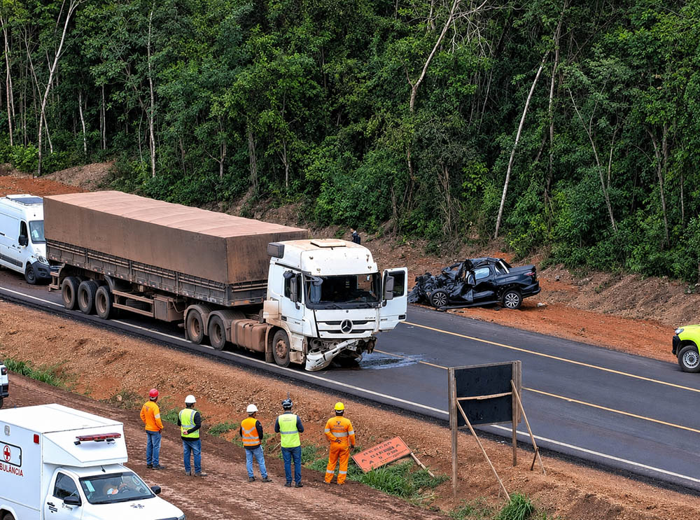 COLISÃO FRONTAL NA BR-163 EM SORRISO DEIXA DOIS MORTOS E INTERDITA TOTALMENTE A RODOVIA